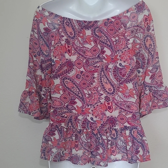 🌸 SPEECHLESS Boho Paisley Peplum Blouse Sz L Romantic Ruffle Hem Sheer Overlay - Picture 3 of 12